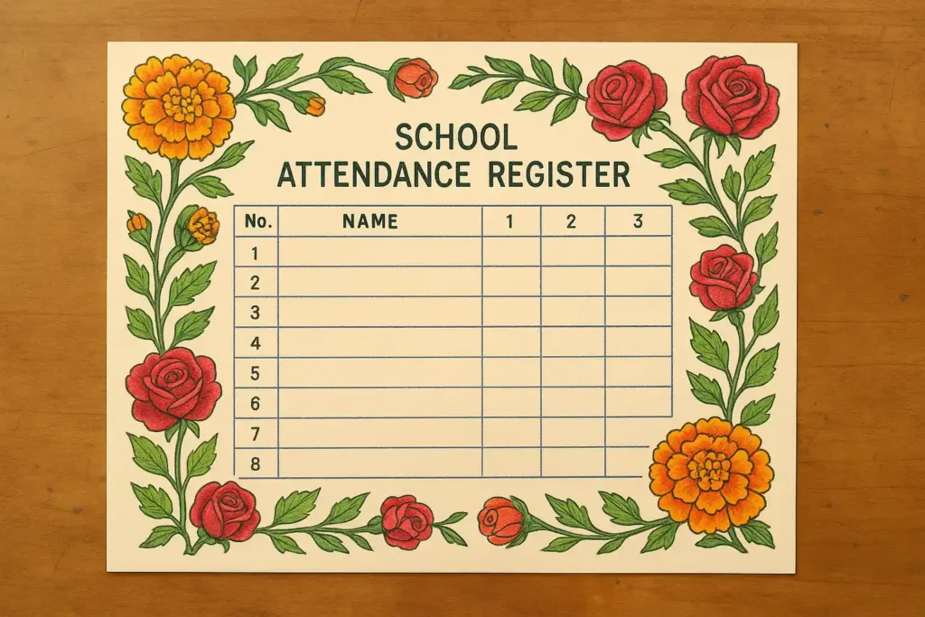 Floral border design on attendance register with hand-drawn marigolds and roses