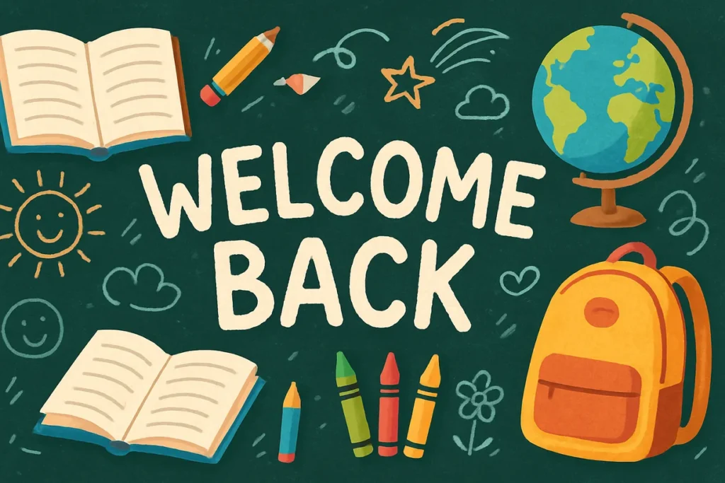 Back to school decorated register with books and pencil drawings