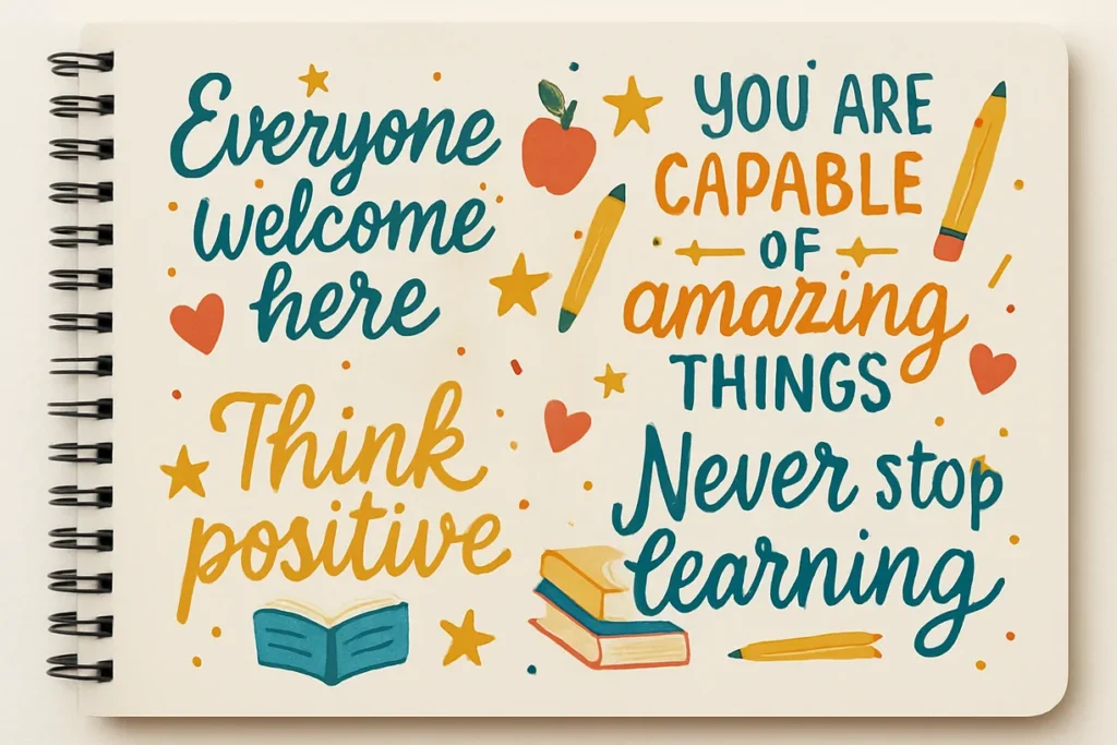 Positive quote border on register page with stars and school doodles