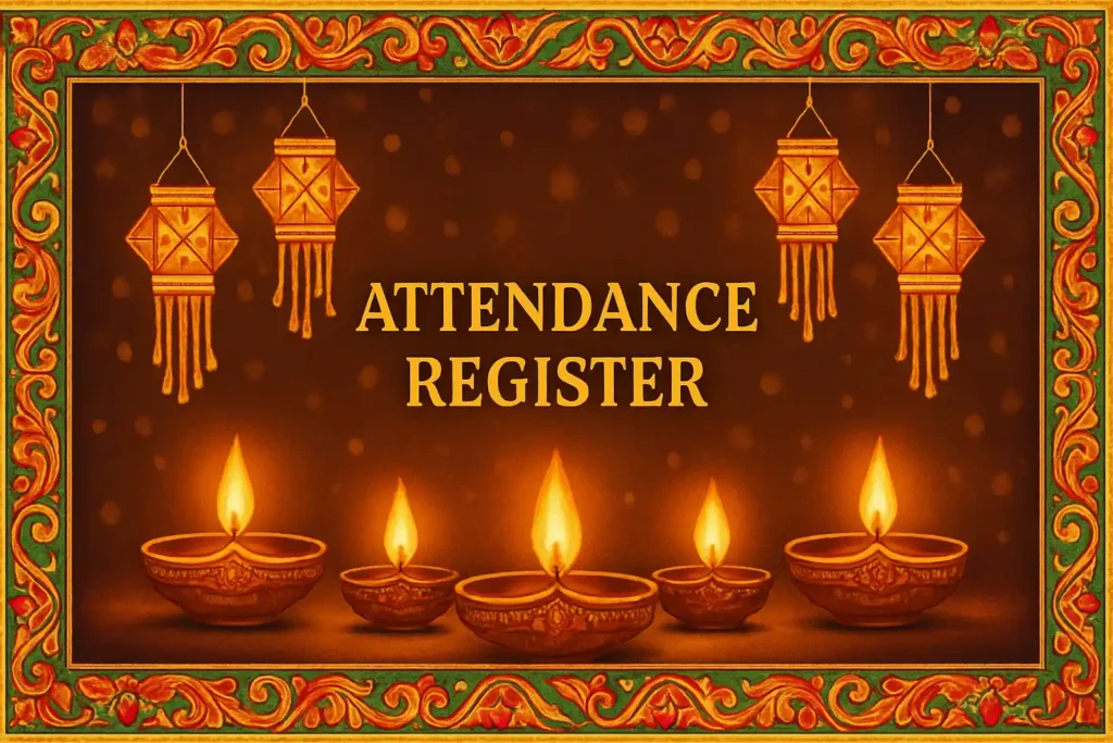 Diwali-inspired attendance register with diya and lantern illustrations
