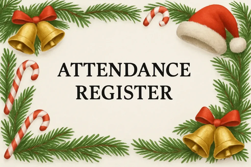 Christmas-themed register cover with bells, candy canes, and pine decor