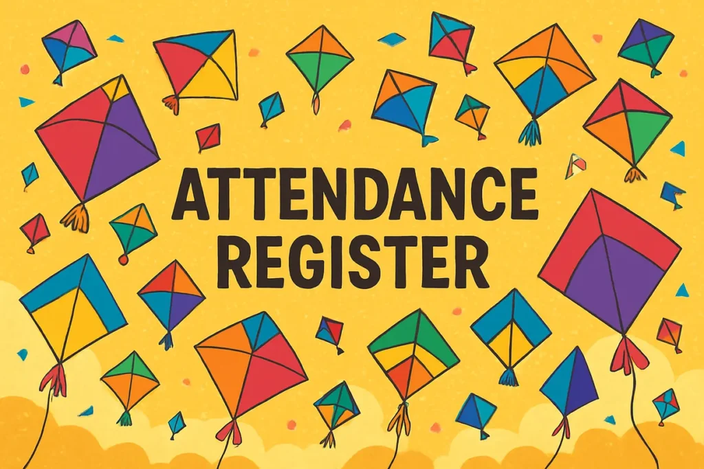 Attendance register decorated with colorful flying kites and clouds"