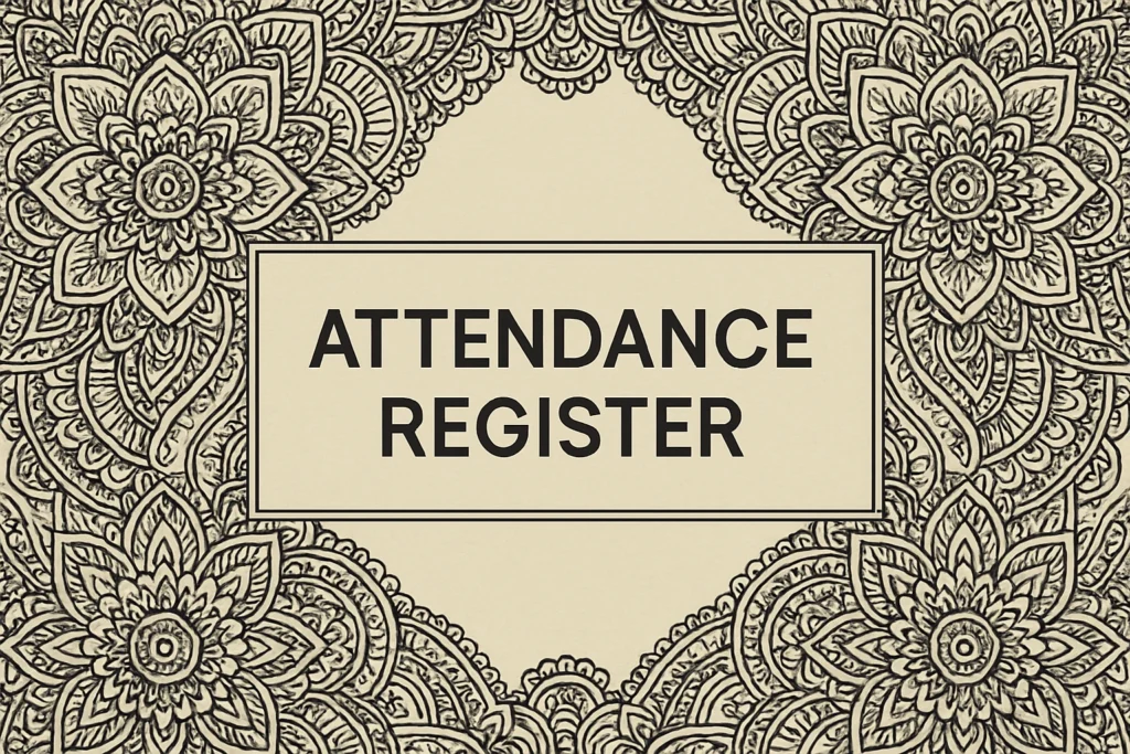 Intricate black mandala border art on school register cover