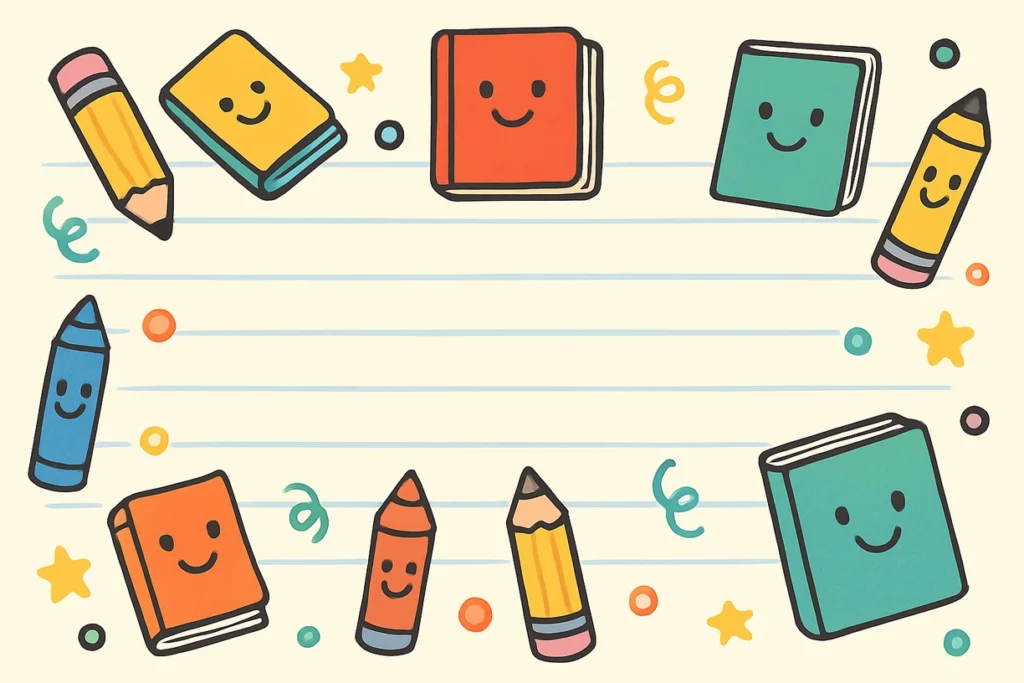 Cartoon school doodles like books and pencils on register page