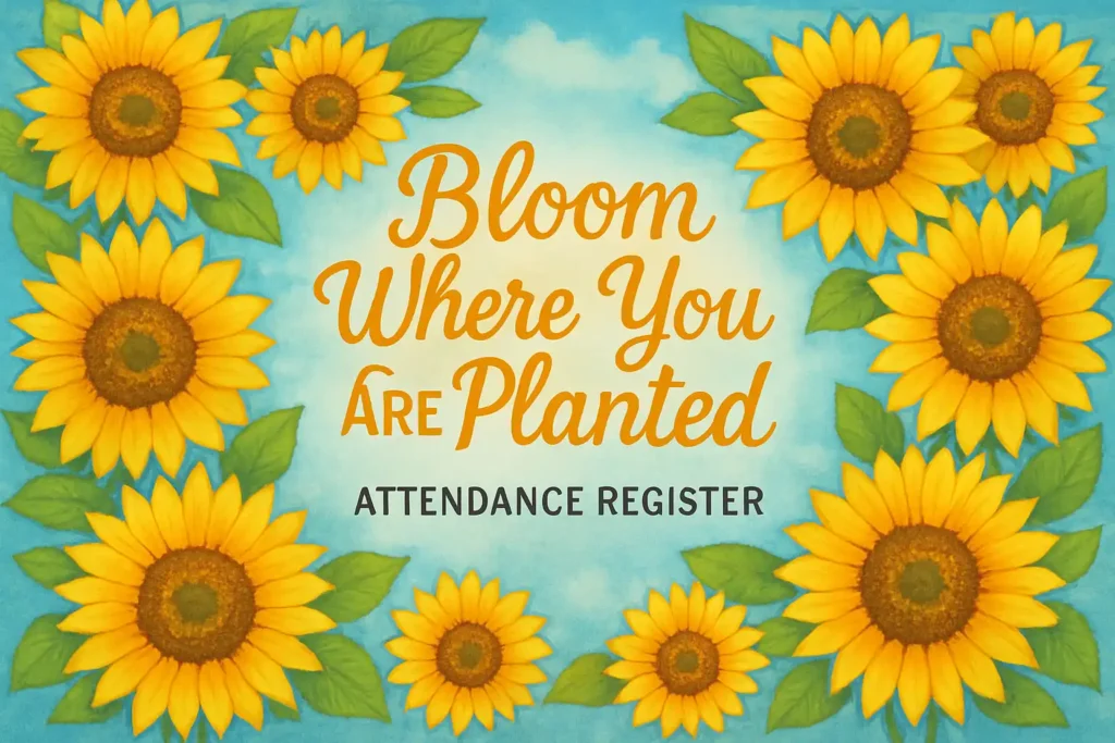 Attendance register with sunflower art and inspirational nature quote