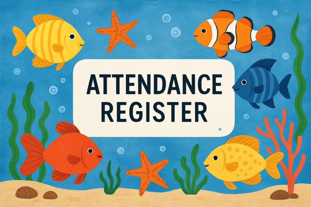 Underwater register design with fish, starfish, and blue ocean border