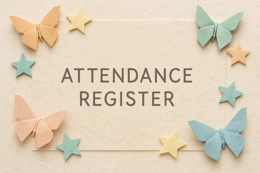 Register page with origami paper butterflies and stars on edges