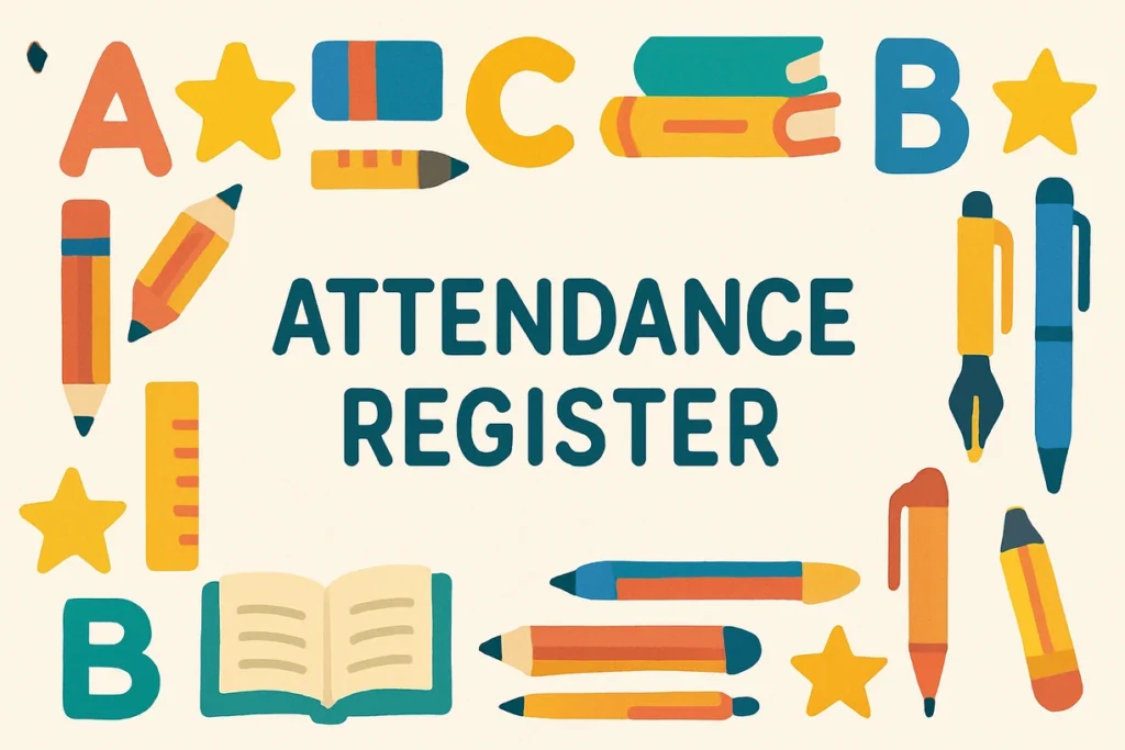School register decorated with colorful flat stickers of pencils and letters