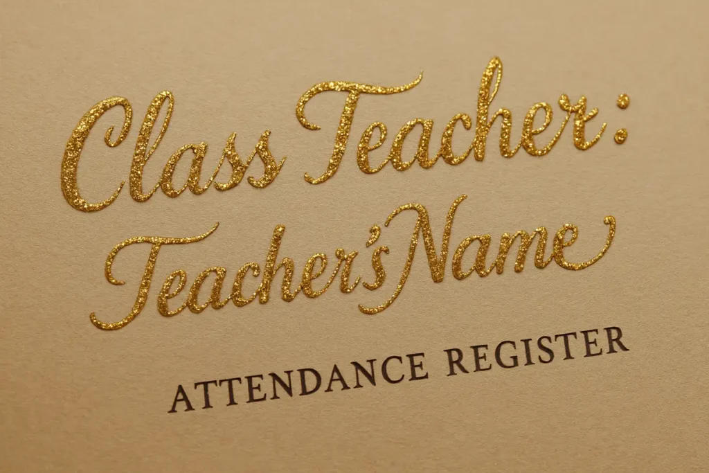 Teacher’s name written in bold glitter pen on attendance register cover