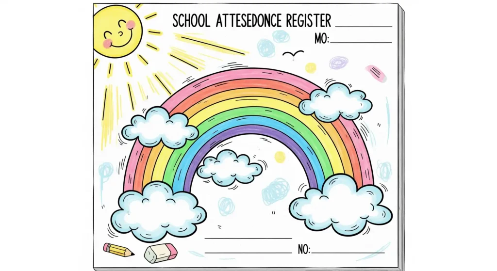 Rainbow sketch on register cover page with sun and cloud doodles