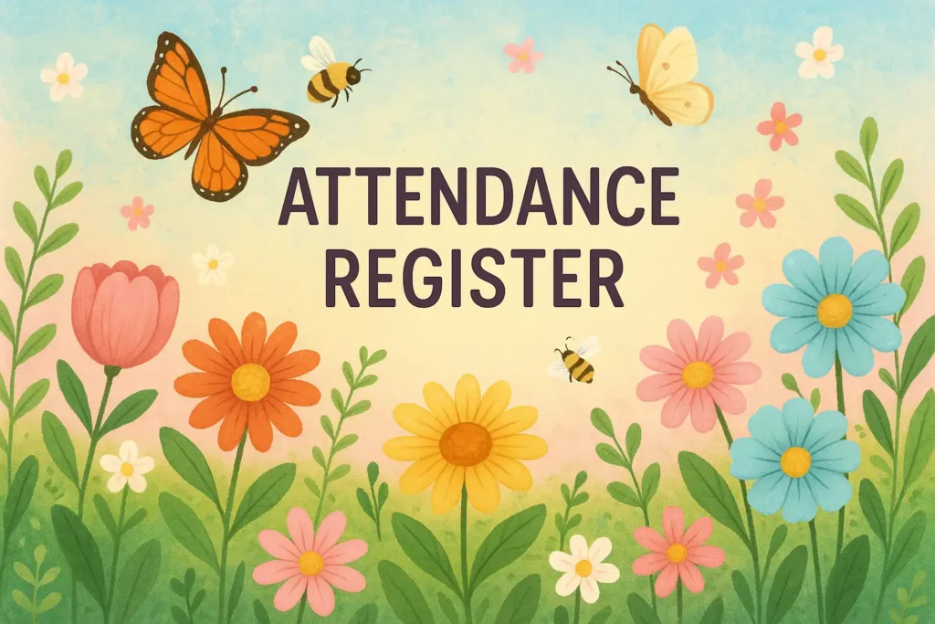 Spring-themed register with blooming flowers and butterflies in soft colors
