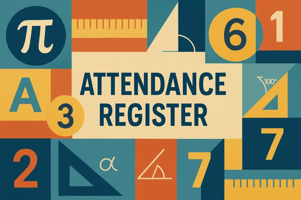 Math attendance register with geometry-themed border and symbols