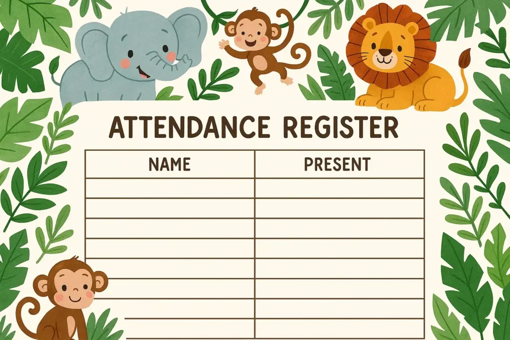 Cartoon jungle animal border design on primary school register