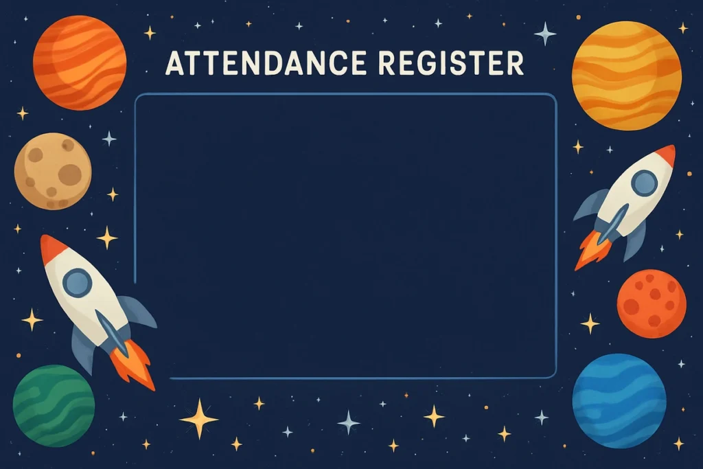 Space-themed attendance register with planets, stars, and rocket doodles