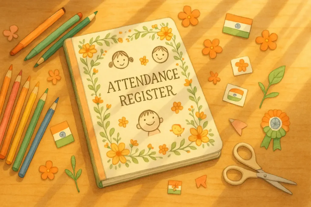 A creatively illustrated classroom desk with an open book labeled "Attendance Register" surrounded by art supplies, showcasing colorful attendance register decorations including Indian flags, flowers, and cartoon doodles in warm sunlight.