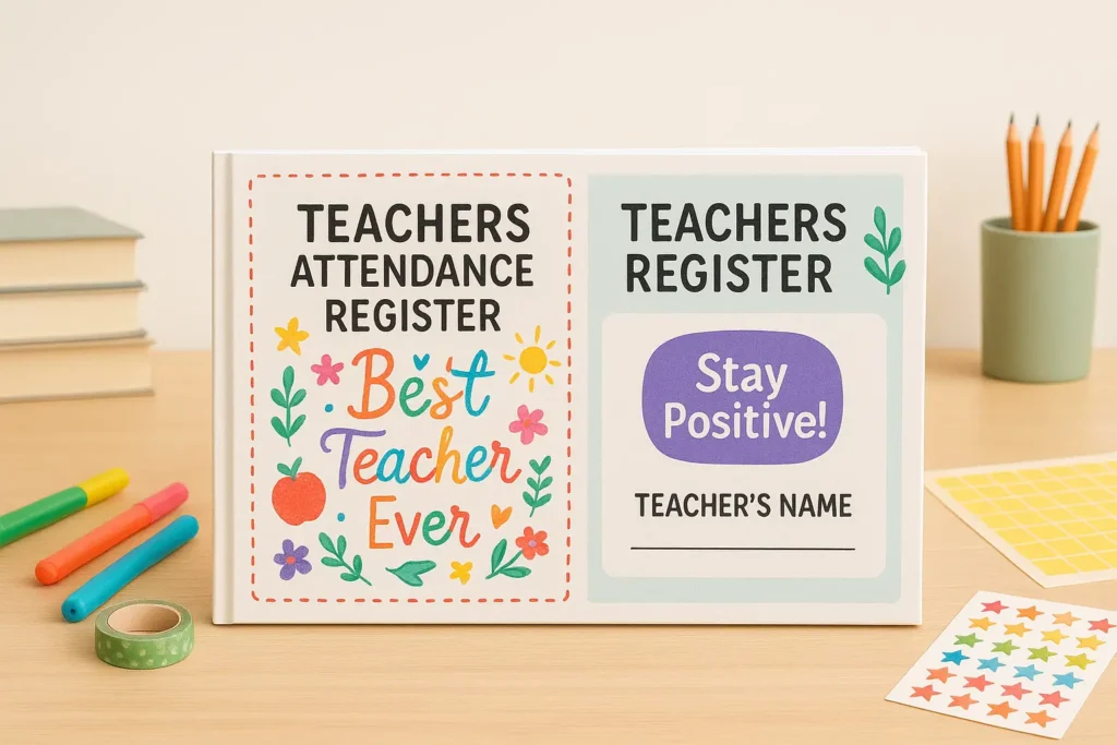Teachers attendance register cover decoration with colorful doodles, motivational quotes, and school supplies on a teacher’s desk