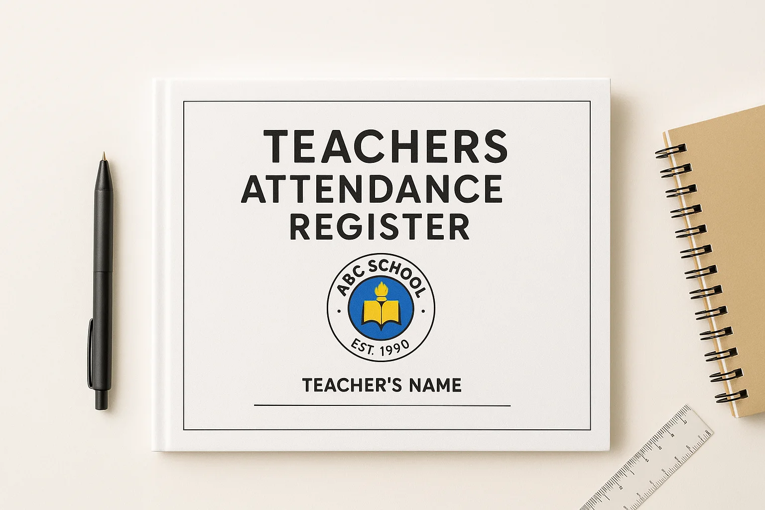Teachers attendance register cover decoration with school logo, neat borders, and clean handwriting on a teacher’s desk