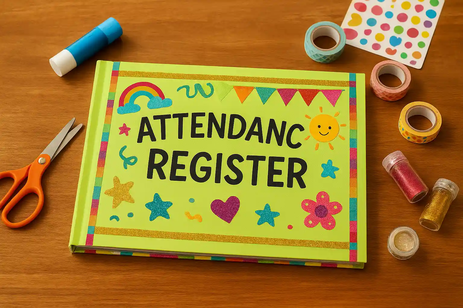 Teachers attendance register cover decoration with handmade craft supplies on a classroom desk