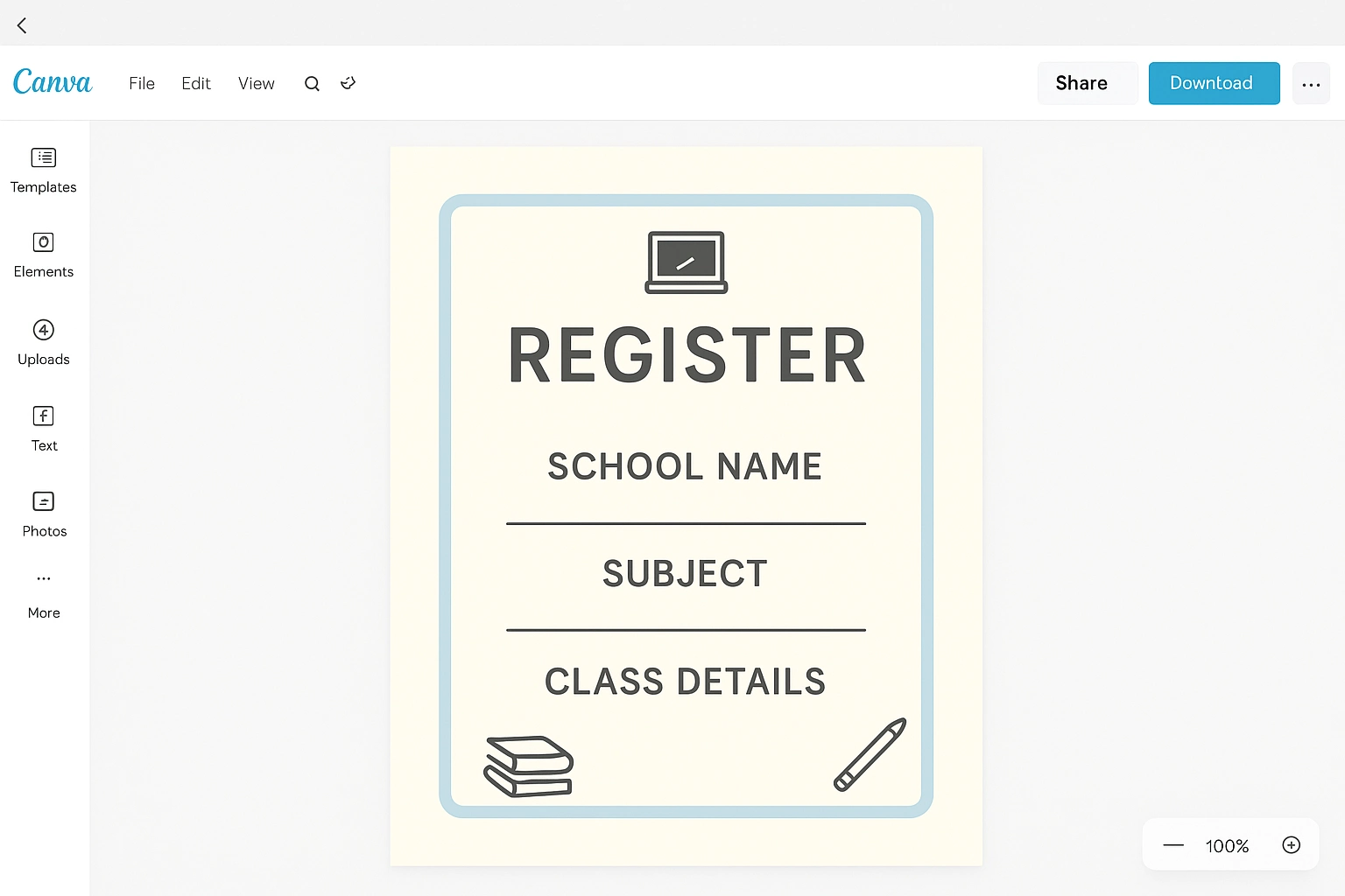 Canva-designed printable teachers attendance register cover template with school name and subject details.