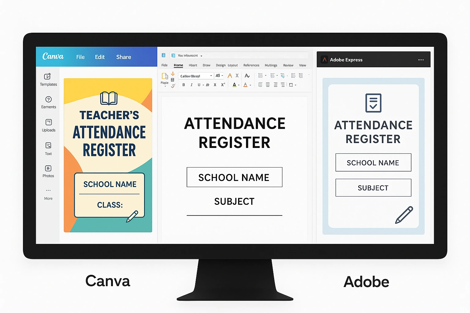 Modern screenshot collage of Canva, MS Word, and Adobe Express showing stylish teachers’ attendance register cover templates.