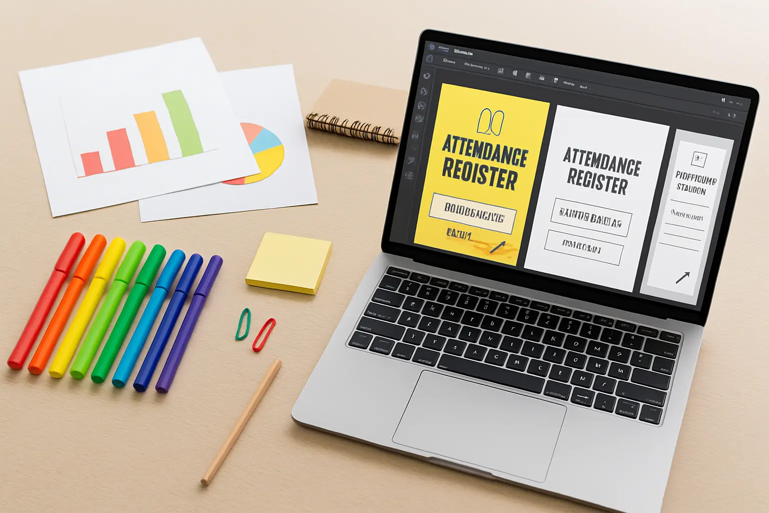 Flat lay of colorful markers, chart papers, and a laptop screen displaying digital design tools.