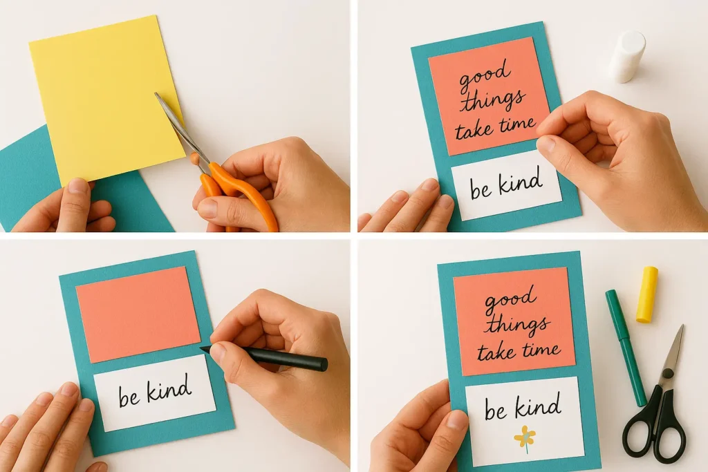 Collage of handmade register covers with step-by-step cutting, pasting, and decorating, including a minimal design with handwritten motivational quotes