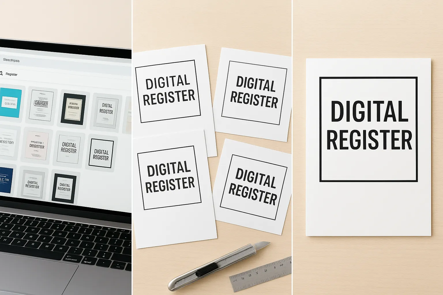 Horizontal collage showing Canva template options, printed digital register covers, and a finished modern cover with bold typography