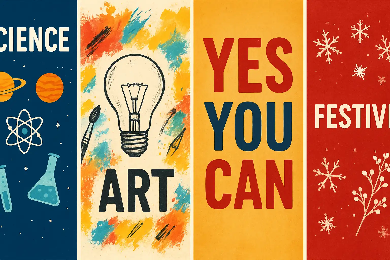 Horizontal collage of science-themed, artsy, motivational, and festive register cover designs with creative decorations.